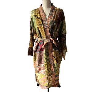 Jaded Gypsy Women’s XL Patchwork Multicolor Sunrise Kimono with Tie EUC Cotton
